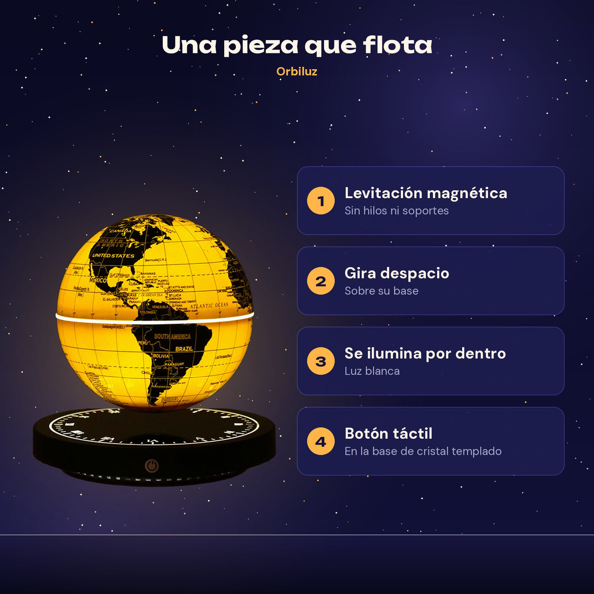 Características: levitación magnética, gira, se ilumina y botón táctil