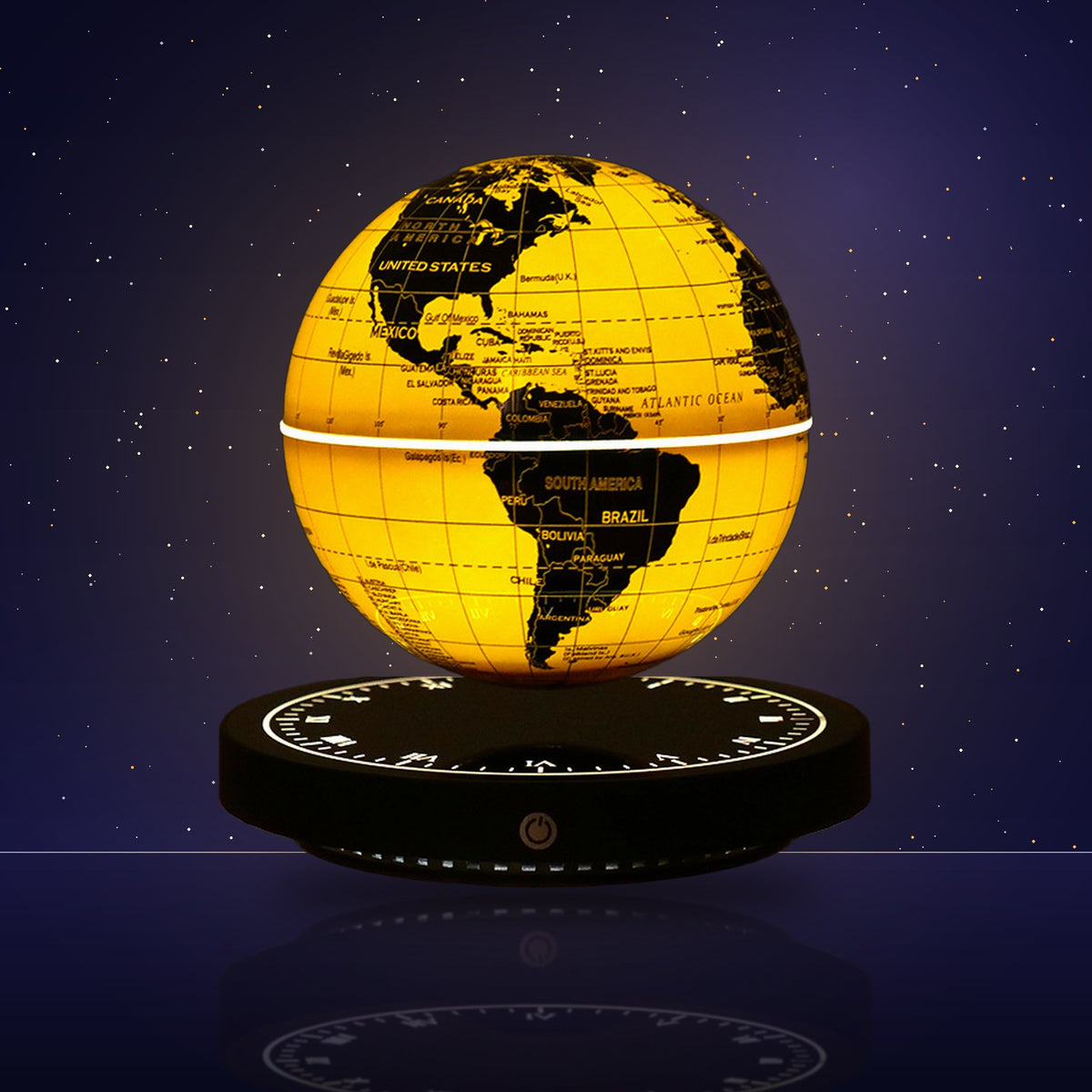 Globo terráqueo dorado que levita, encendido de noche