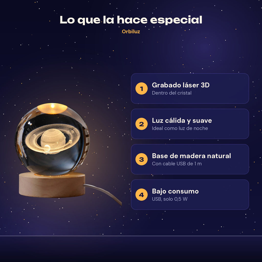 Características: grabado láser 3D, luz cálida, base de madera y USB de 0,5 W