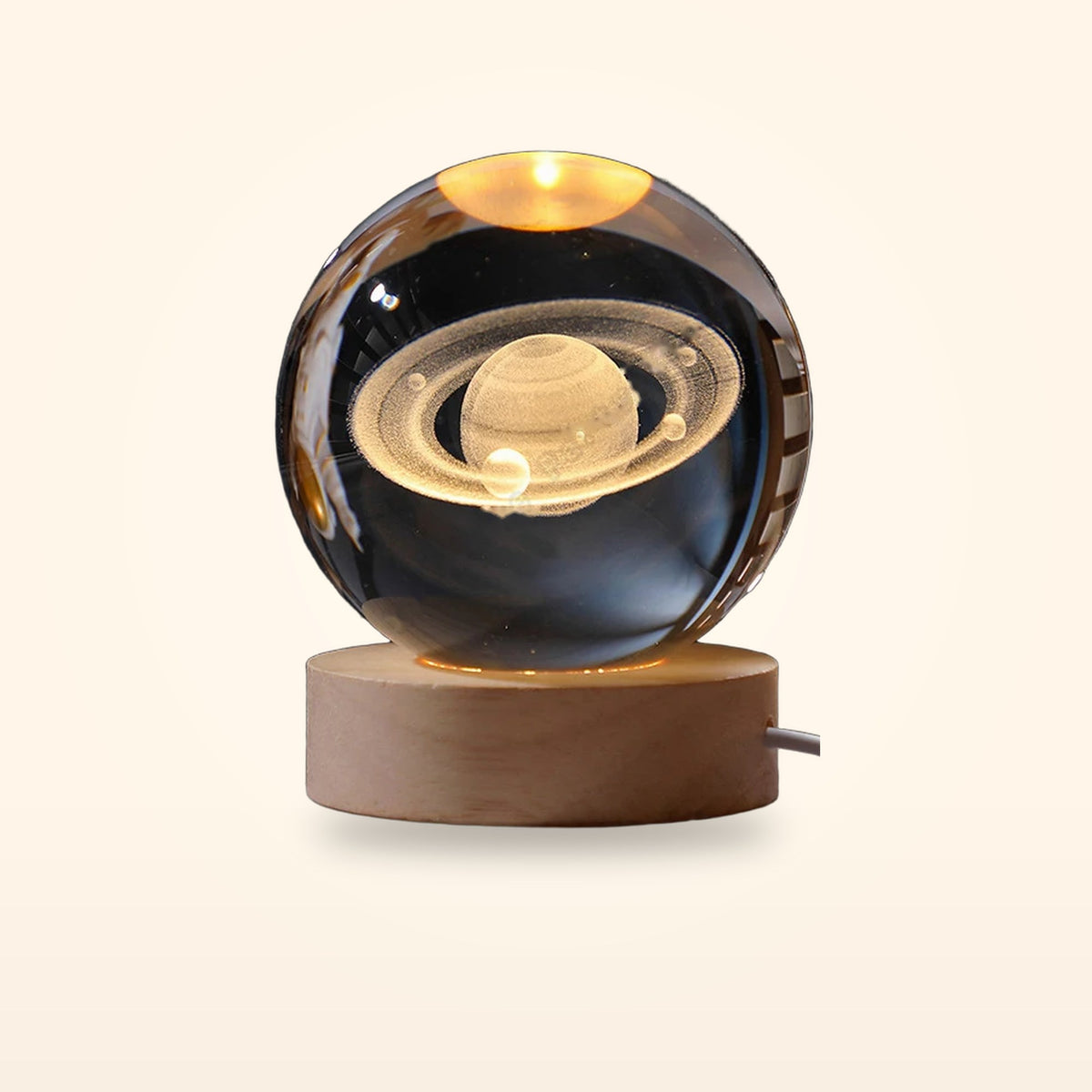 Lámpara Saturno con base de madera