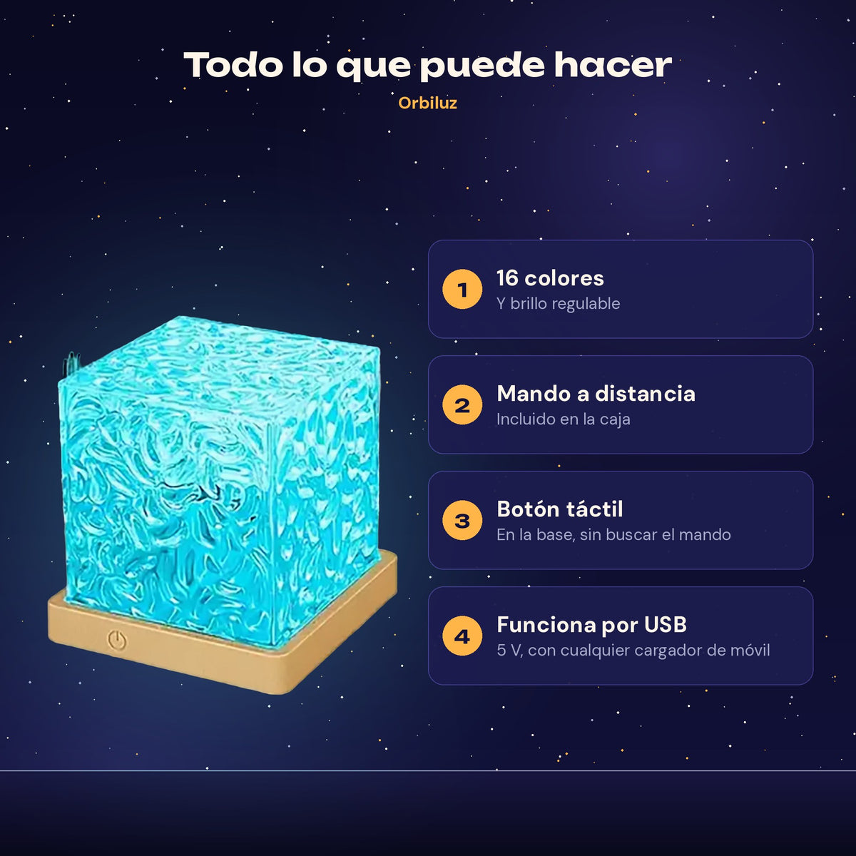 Características: 16 colores, mando a distancia, botón táctil y USB 5 V