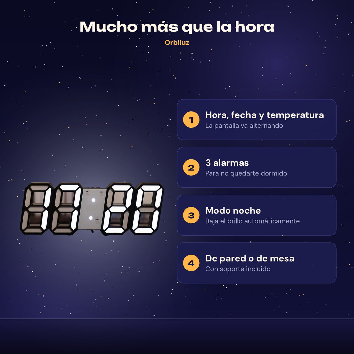 Características: hora, fecha y temperatura, 3 alarmas, modo noche, de pared o de mesa