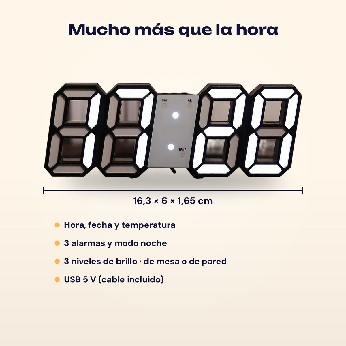 Medidas y funciones del reloj LED 3D